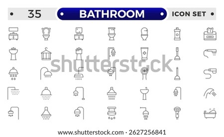 Bathroom outline icons. Editable Stroke. Shower, bath, toilet, bidet, mirror, water tap. Laundry and garbage basket. Cosmetics shampoo comb cream. Toilet paper napkins.
