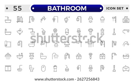 Bathroom outline icons. Editable Stroke. Shower, bath, toilet, bidet, mirror, water tap. Laundry and garbage basket. Cosmetics shampoo comb cream. Toilet paper napkins.
