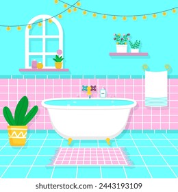 Bathroom in pastel colors with a claw-foot bathtub and decorative plants