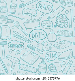 Bathroom Pattern. Seamless Background Symbols. Doodle Drawn Sketch Hand Made Design Vector.
