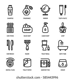 Bathroom personal hygiene equipment, body care accessories vector linear icons.