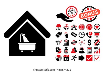 Bathroom pictograph with bonus design elements. Vector illustration style is flat iconic bicolor symbols, intensive red and black colors, white background.