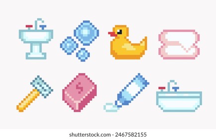 Bathroom pixel art set. Washing and shaving accessories collection. Bath, sink and towels 8 bit. Game development, mobile app. Isolated vector illustration. 