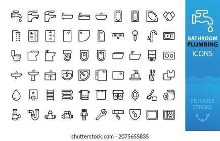 Bathroom And Plumbing Isolated Icons Set. Set Of Shower Cabin, Hydromassage Bathtub, Faucet, Corner Washbasin, Bathroom Accessories, Wall-hung Toilet, Urinal, Plumbing Pipes, Siphon, Sink Vector Icon