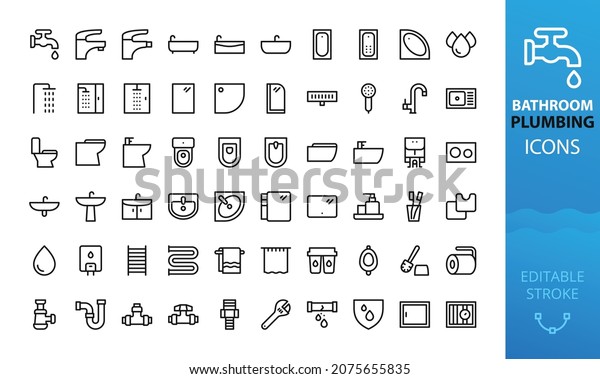 Bathroom and Plumbing isolated icons set. Set of\
shower cabin, hydromassage bathtub, faucet, corner washbasin,\
bathroom accessories, wall-hung toilet, urinal, plumbing pipes,\
siphon, sink vector\
icon