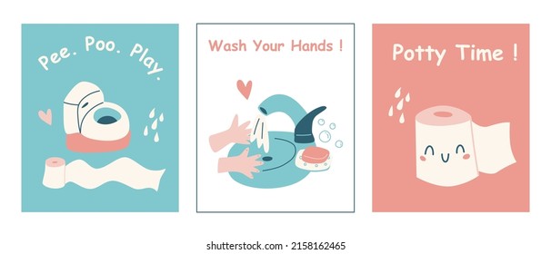 Bathroom posters for kids. Potty training, toilet and hygiene prints for preschool and kindergarten. Nursery school design. Cute vector hand drawn illustrations.