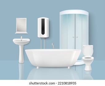 Bathroom realistic vector modern design interior illustration. Bath, toilet, sink with mirror, shower cabin, water boiler equipment. Sanitary engineering and plumbing concept