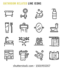 Bathroom related line icons, Various bathroom related line icons, Cute cartoon line icons of bathroom related object, Abstract bathroom related line icons, Vector illustration