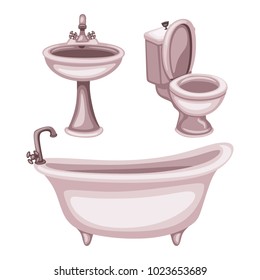 Bathroom Related Objects. Cartoon Illustration of Toilet, Bathtub and Sink on a White Background