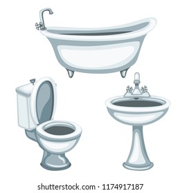 Bathroom Related Objects. Cartoon Illustration of Toilet, Bathtub and Sink on a White Background