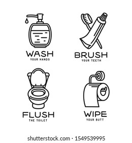 Bathroom related vintage posters with quotes. Wash your hands. Brush your teeth. Flush the toilet. Wipe your butt. Funny reminders for children. Vector illustration.