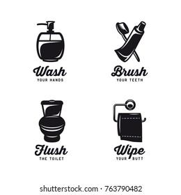 Bathroom related vintage posters with quotes. Wash your hands. Brush your teeth. Flush the toilet. Wipe your butt. Funny reminders for children. Vector illustration.