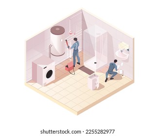 Bathroom renovation concept with professional plumbers installing pipeline fitting for heat boiler and sink drain line. Room repair service with fixing works in isometric 3d view. Vector illustration