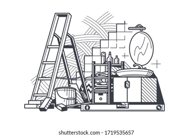 Bathroom renovation interior vector illustration. Construction zone of washroom in white and black colors flat style design. Ladder, hummer, laying tiles in bath