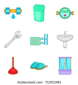 Bathroom repair service icon set. Cartoon set of 9 bathroom repair service vector icons for web design isolated on white background