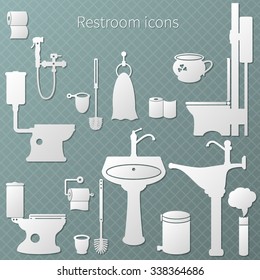 Bathroom or restroom equipment set. Simple paper icons, vector illustration