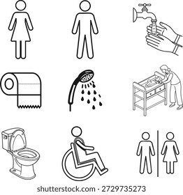 Conjunto de iconos de baño y baño: símbolos de higiene, accesibilidad y señalización pública.