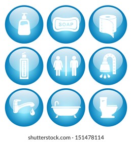 Bathroom / Restroom Icon Set.  Vector glass button icon set, colors can be easily adjusted.