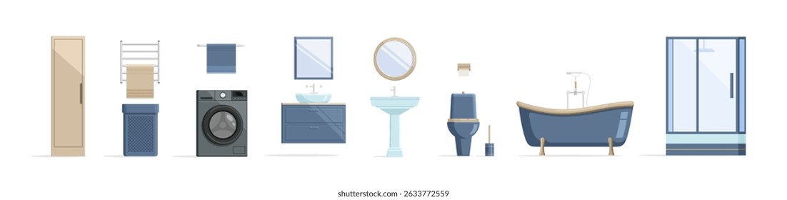 Bathroom room in flat style. Vector set