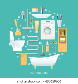 Bathroom round composition including sanitary equipment laundry machine cosmetics and toothbrushes on blue background vector illustration