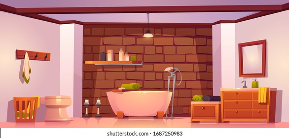 Bathroom in rustic house with bath, sink, toilet bowl and wooden furniture. Vector cartoon interior of washroom with brick wall, towels, mirror and cosmetic bottles on shelf