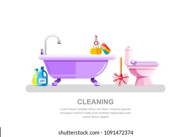 Bathroom And Sanitary Engineering Cleaning. Vector Isolated Illustration Of Bath Tub, Toilet, Cleaning Tools And Detergents. Housework Concept.