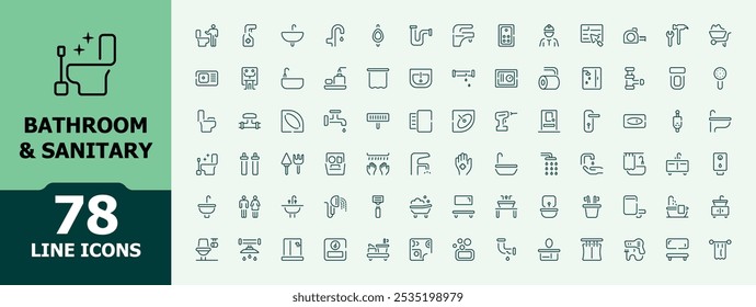 Bathroom and Sanitary line icons collection. Featuring toilet, plumbing, washroom, household, fittings, bath and more. Pixel perfect. Vector outline icons set.