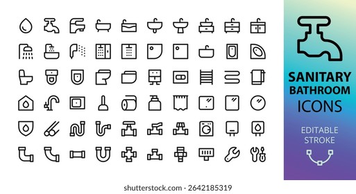 Bathroom and sanitary ware UI icons set. Set of faucet, bathtub, washbasin, shower cabin and tray, toilet, plumbing pipes, bathroom furniture and cabinet, towel rail vector icon with editable stroke