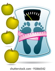 Bathroom scale and apples. Slimming program icon.