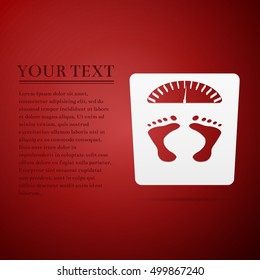 Bathroom scale with footprints flat icon on red background. Vector Illustration