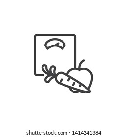 Bathroom scale and fruits line icon. linear style sign for mobile concept and web design. Weight loss outline vector icon. Diet and healthy lifestyle symbol, logo illustration. Vector graphics