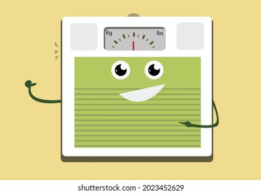 Bathroom scale with human face and arms. Weight loss concept.