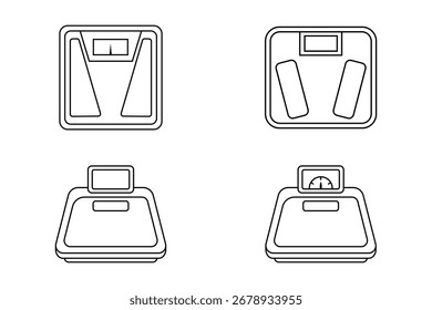 Iconos de escala de baño. Conjunto de medición de peso de arte de línea simple