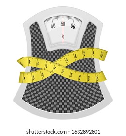 Bathroom scale with measuring tape on a white background. Vector illustration.