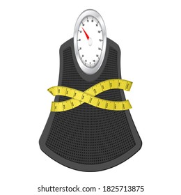 Bathroom scale with measuring tape on a white background. Vector illustration.
