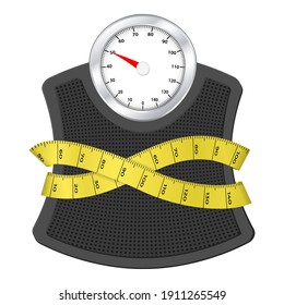 Bathroom scale with measuring tape on a white background. Vector illustration.