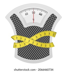 Bathroom scale with measuring tape on a white background. Vector illustration.