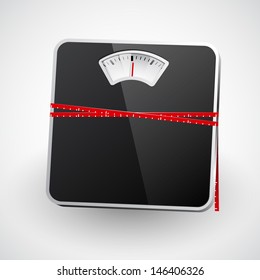 A bathroom scale with a measuring tape. Vector illustration