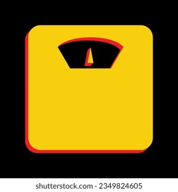 Señal de báscula del cuarto de baño. Icono Amarillo extruido 3D con los lados rojos un fondo negro. Ilustración.