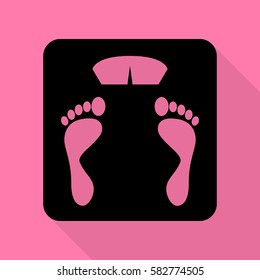 Bathroom scale sign. Black icon with flat style shadow path on pink background.