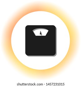 Bathroom scale sign. Dark icon with shadow on the glowing circle button. Illustration.