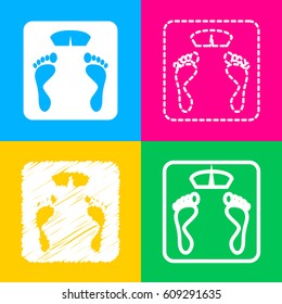 Bathroom scale sign. Four styles of icon on four color squares.