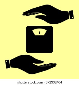 Bathroom scale sign. Save or protect symbol by hands.