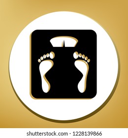 Bathroom scale sign. Vector. Black icon with light brown shadow in white circle with shaped ring at golden background.
