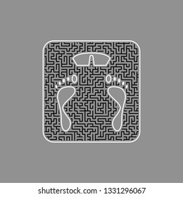 Bathroom scale sign. Vector. Black maze filled icon with white border at gray background.