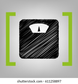 Bathroom scale sign. Vector. Black scribble icon in citron brackets on grayish background.