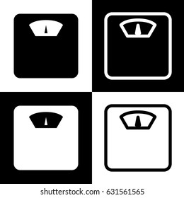 Bathroom scale sign. Vector. Black and white icons and line icon on chess board.