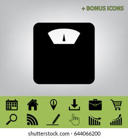 Bathroom scale sign. Vector. Black icon at gray background with bonus icons at celery ones