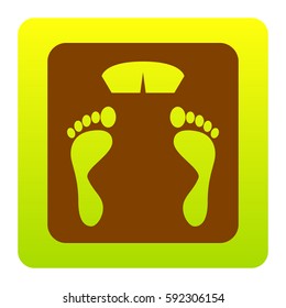 Bathroom scale sign. Vector. Brown icon at green-yellow gradient square with rounded corners on white background. Isolated.