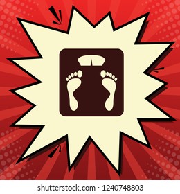 Bathroom scale sign. Vector. Dark red icon in lemon chiffon shutter bubble at red popart background with rays.